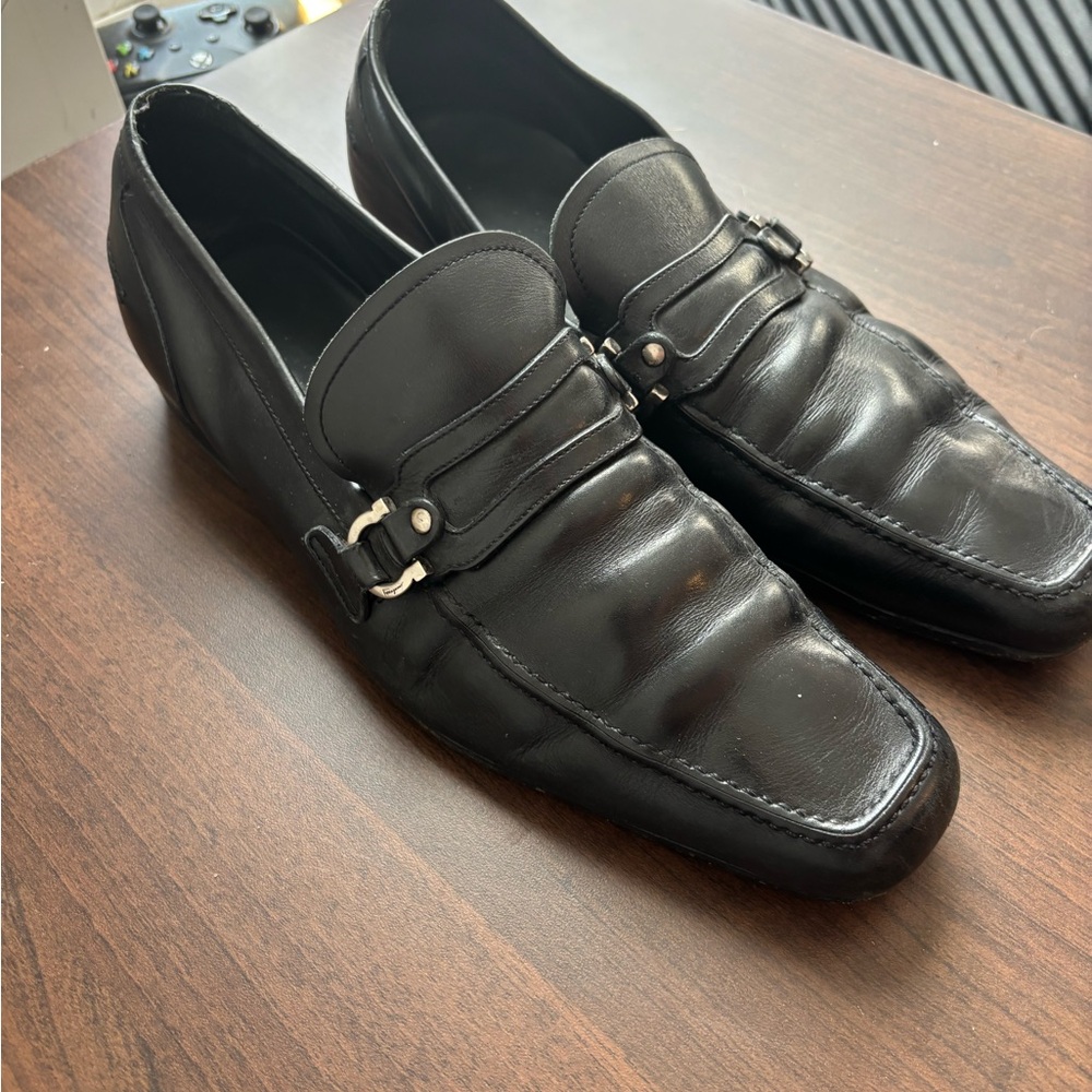 Salvatore Ferragamo Black Leather Slip-On Loafers